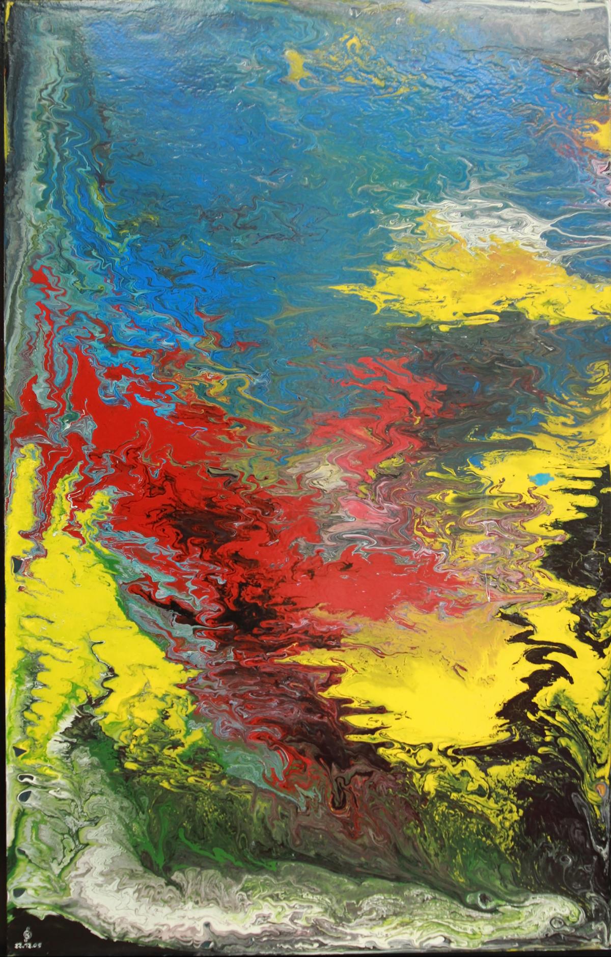 abstrakte-arbeiten-abstrakte-malerei-Nr. 4: Die Zeit der Ruhe ist vorüber, Sturm und Drang bewegen das Innerste, Acryl-Lack auf Aluminium, 60 cm x 95 cm, 2005